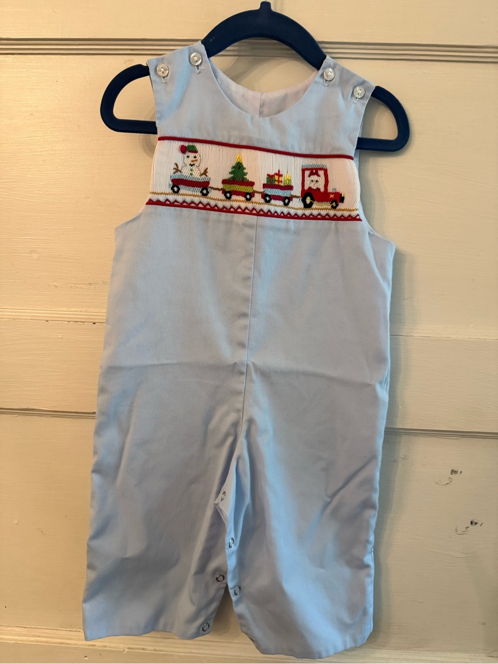Light Blue Smocked Christmas Train Overalls for Kids by